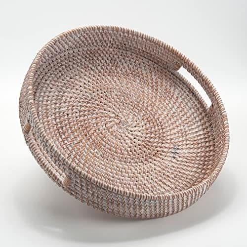 Coffee Table Tray Round Rattan Ottoman Tray Woven Serving Trays with Handles for Home and Kitchen Decorative White (Large 14 inch x 2.8 inch)