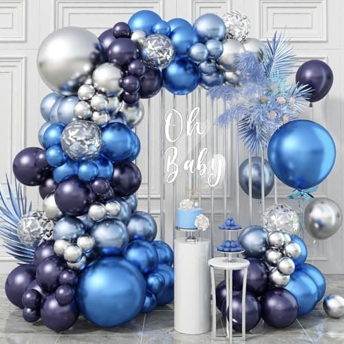 Jobkoo Blue and Silver Balloon Arch Kit Navy Blue Dark Blue Silver Balloon Garland with Metallic Royal Light Blue Silver Confetti Latex Balloons for Boys Birthday Wedding Graduation Party Decorations