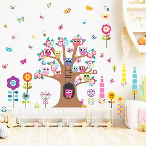 Owl Wall Stickers Cute Animal Tree Flowers Decals DIY Wall Decor for Nursery Room Bedroom Classroom Daycare