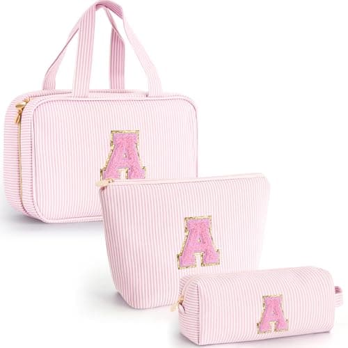 Fystdtote Gifts for Teen Girls Women Personalized Toiletry Bag Initial Makeup Bag Travel Cosmetic Bag 8 9 10 11 12 13 14 15 16 Years Old Girl Gift Trendy Stuff Pink A