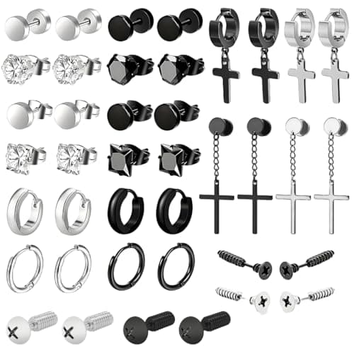 GUSTAVE® 20 Pairs Earrings for Men Stainless Steel Stud Earring Fashion Earring Piercing Jewelry Cross Dangle Hoop Earrings Kit Studs Long