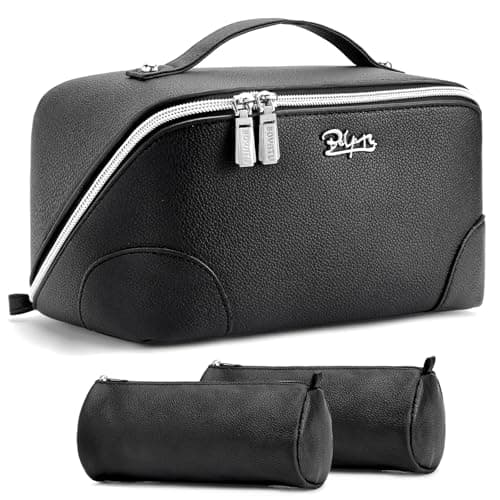BOYATU Travel Makeup Bag Cosmetic Bags for Women: 3 Pcs Set Large Capacity Make up Bag with Handle - Waterproof Vegan Leather Toiletry Bags Travel Essentials with Compartments(C-2-Black)