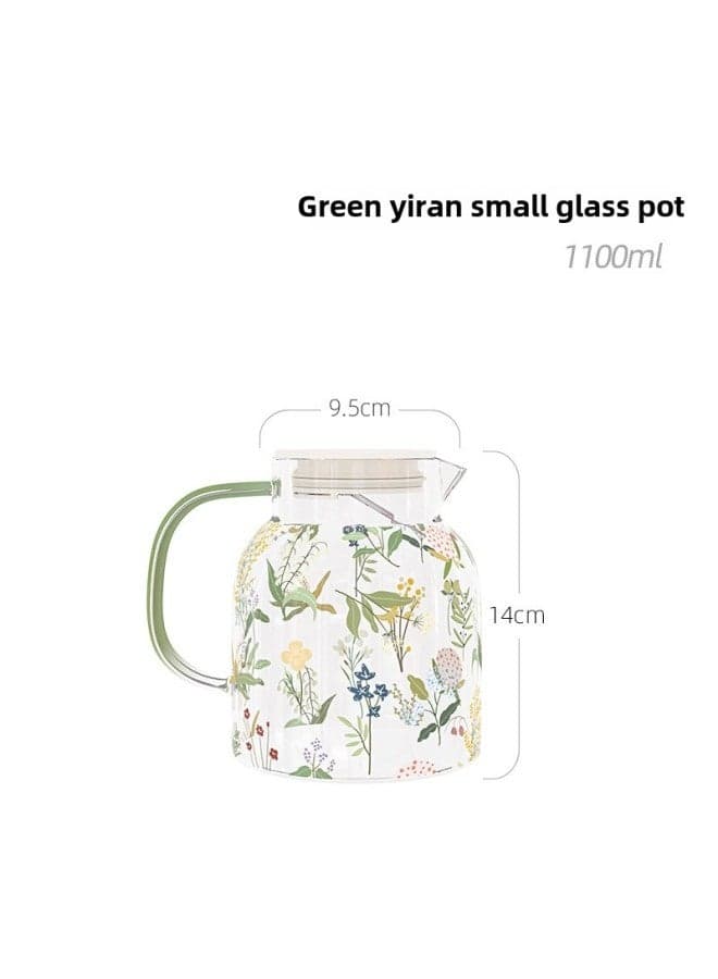 Small Fresh Glass Cold Water Bottle Glass Set High Temperature Resistant Cold Water Bottle Large Capacity Electric Ceramic Stove Suitable-Color:Green 1100ml Small Elegant Pot