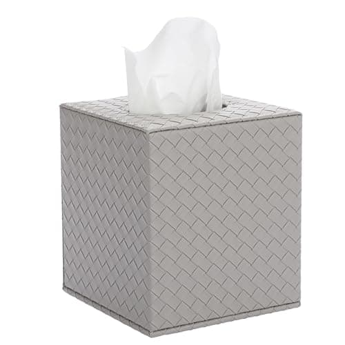 Sumnacon Tissue Box Cover Square Tissue Box Stylish PU Woven Lozenge Pattern Tissue Box Holder with Magnetic Bottom,Cube Leather Tissue Cover for Living Room Bathroom Table Desk Home Office Car,Grey