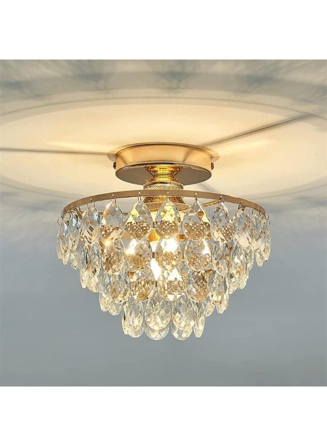 Gold Crystal Pendant light,E27 Bulb Base,Crystal Chandelier for Living Room, Bedrooms and Hallways,3-Color Ceiling Light(Included bulb)