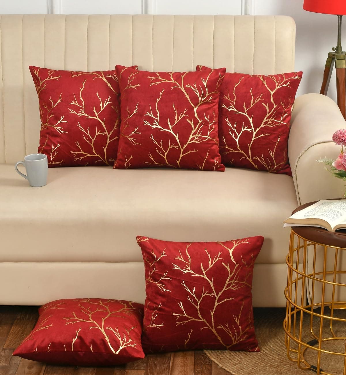 Stuffique Velvet Foil Cushion Covers Decorative Merry Christmas 20 inch x 20 inch Set of 5, Maroon