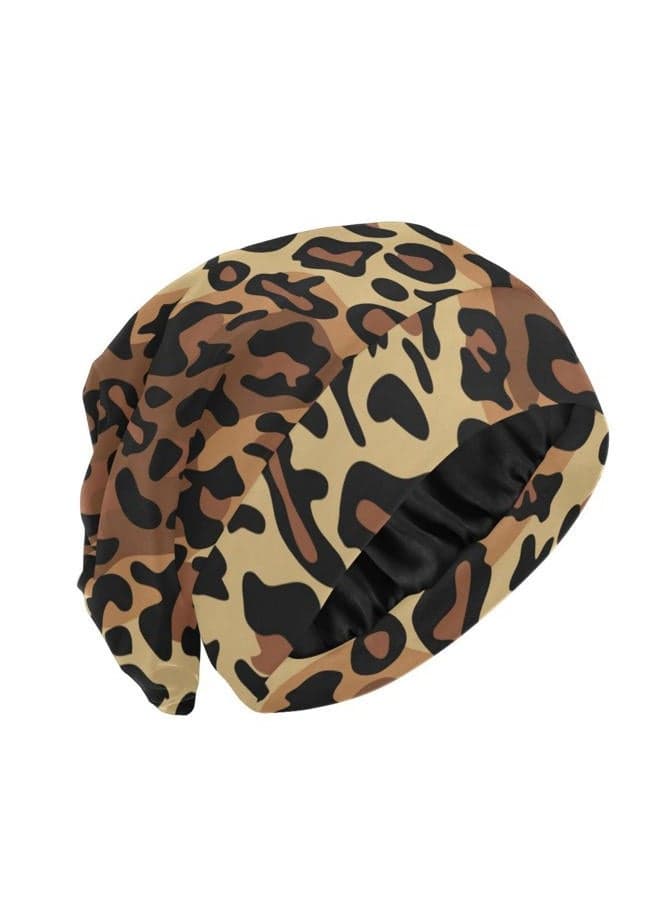 Beanie Hat Satin Bonnet Lined Sleep Cap Hair Wrap Cover Slouchy Beanie for Curly Hair Protection for Gifts for Men Women Brown Leopard Print, Brown Leopard Print, One size