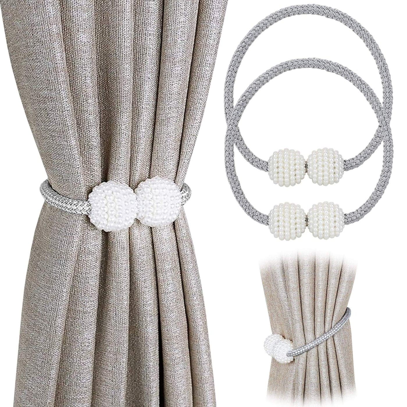 Pinowu 2 Pack Magnetic Curtain Tiebacks Convenient Drape Tie BacksPearl Decorative Rope Holdback Holder for Small Thin or Sheer Window Drapries Gray