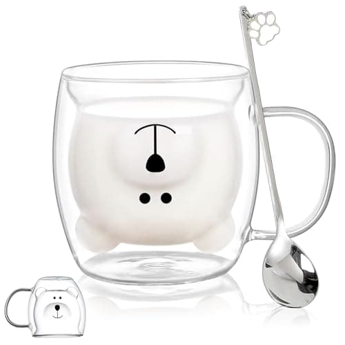 Binoster Bear Cute Mugs Kawaii Double Wall Glass Coffee Tea Mill Yogurt Cup Funny Novelty Gift for Women Her Friends Office Birthday Christmas Bear with handle
