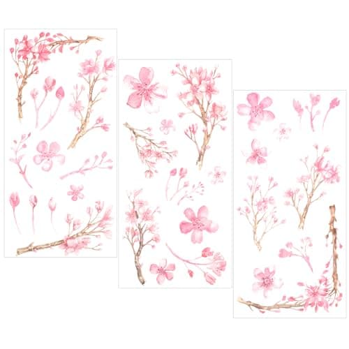 3 Sheets Cherry Blossom Tree Washi Stickers Cherry Flower Stickers Pink Floral Decals for Scrapbook DIY Crafts Furniture Windows Water Bottles Self Adhesive Sakura Flower Sticker