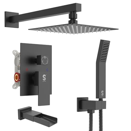 SR SUN RISE 12 Inches Bathtub Shower Faucet Set All Metal Shower System with Tub Spout 1.8GPM Square Shower Head and Handheld Sprayer Shower Fixtures, Modern Valve and Trim Kit, Matte Black