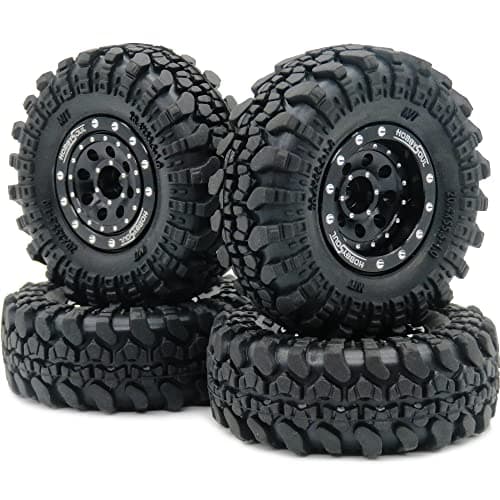 HOBBYSOUL Heavy RC 10 Wheels and Tires PreMounted 124 Tires Adjustable Offset 10 Beadlock Wheels Black for 124 RC Crawler Axial SCX24 Upgrade4Pack Assembled