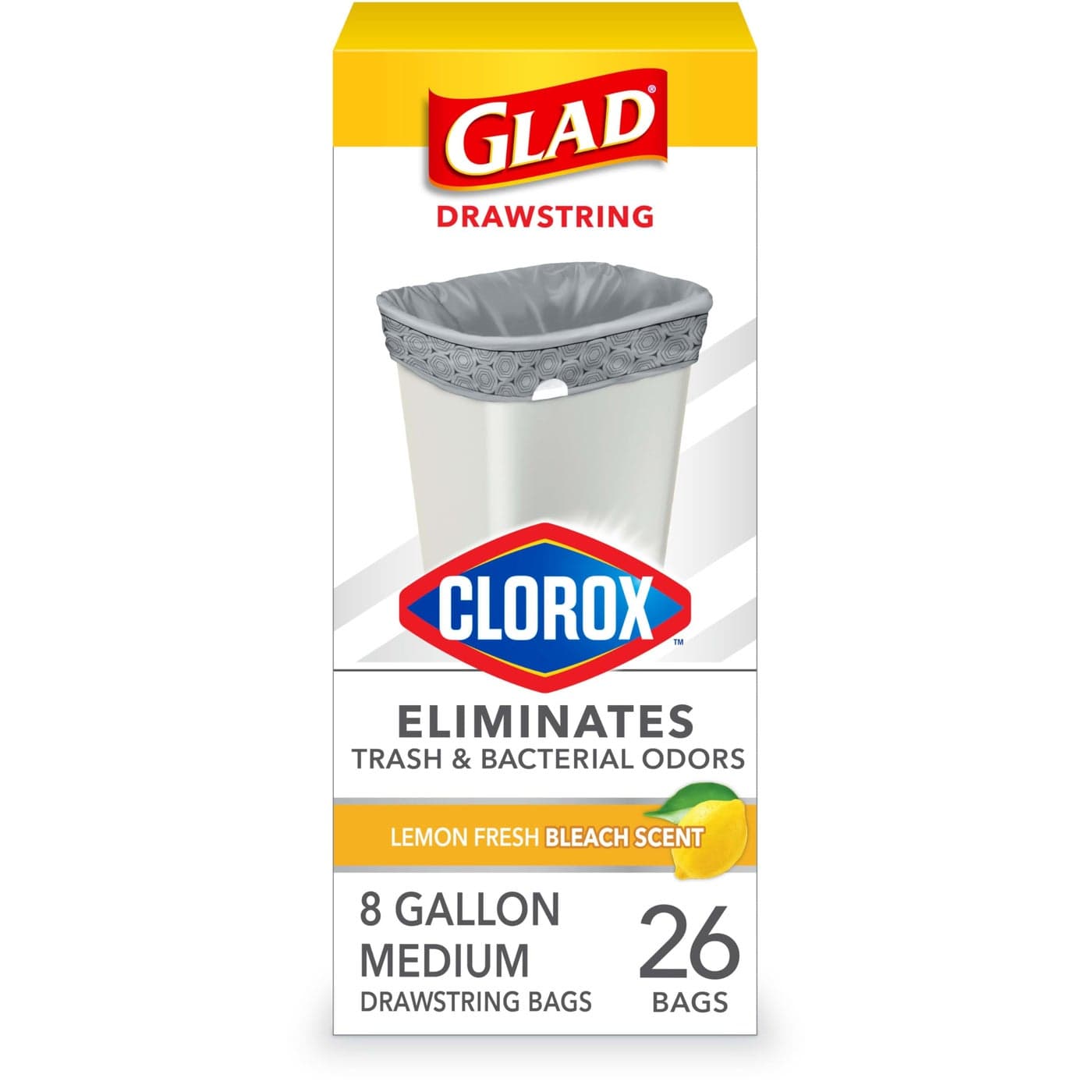 Glad Medium Trash Bags 8 Gallon Lemon Fresh Bleach Garbage Bags Resists Bacterial Odors with Drawstring 26 Count