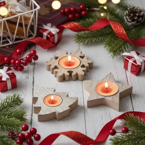 PrettyKrafts Set of 3 Wooden T-Light Holders | Snowflake, Star & Tree Design | 4.5 Inch MDF Tealight Holder | 12mm Thick Wooden Candle Stand | Brown Festive Home Décor for Christmas & Diwali