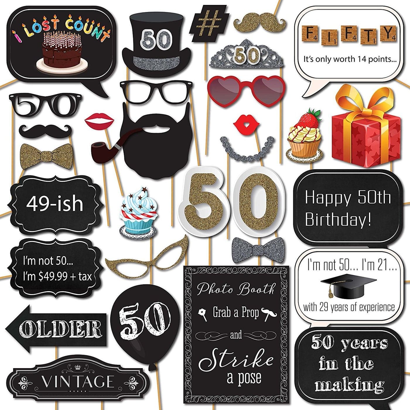 50th Birthday Photo Booth Props 31pc 50th Birthday Props with 8 x 10Inch Sign 45 Adhesive Pads 35 Sticks 50th Birthday Decorations