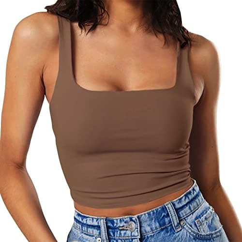 Artfish Women's Sleeveless Strappy Seamless Crop Tank Tops Square Neck Workout Fitness Basic Cropped Camis (Mocha Brown, L)