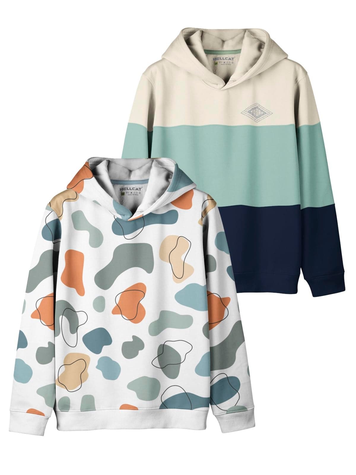 HELLCAT Trendy Printed Cotton Blend Hoodie Sweatshirt for Boys - Pack of 2_White1/Sea Green_9-10 Years