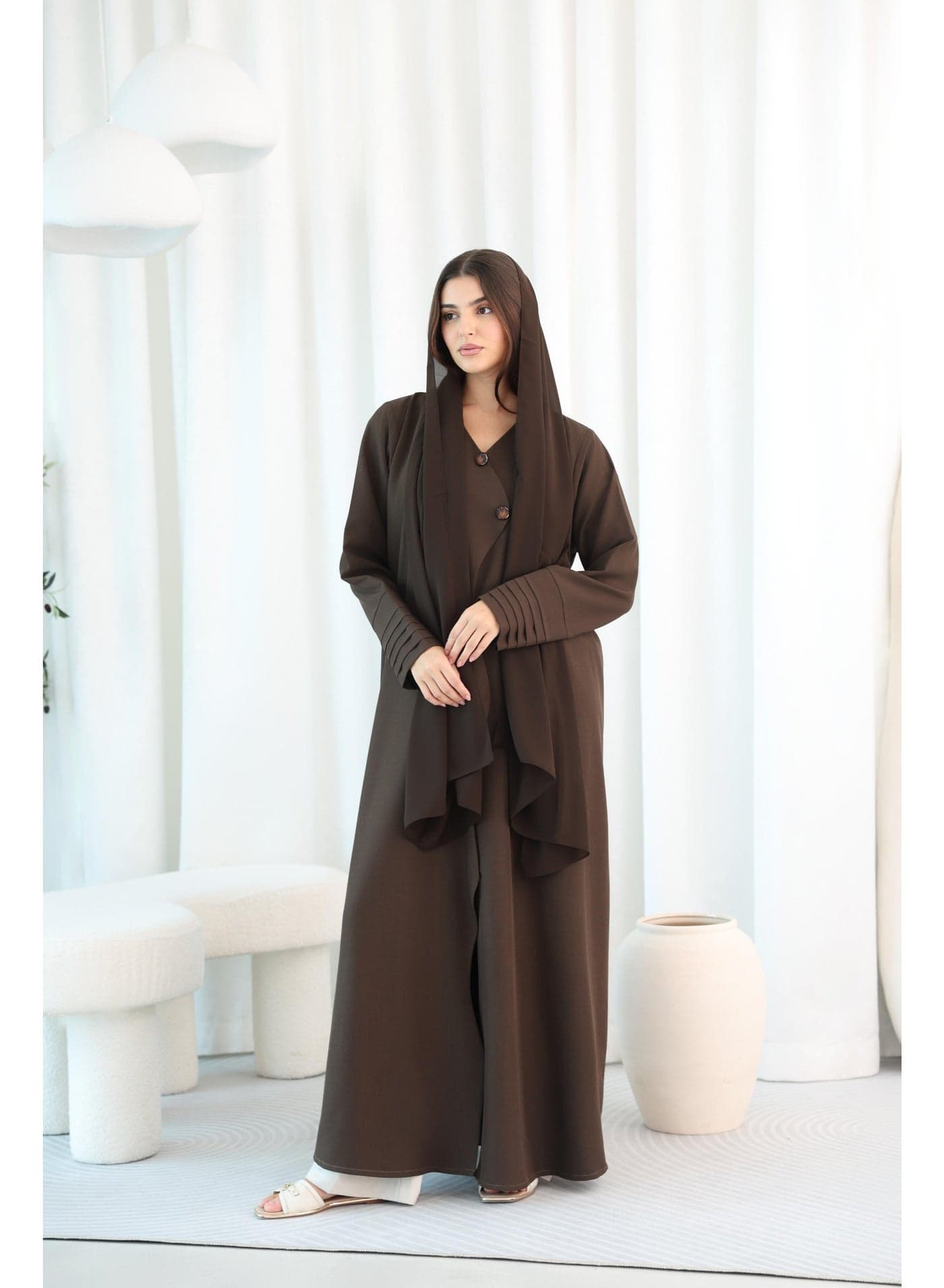 Formal Button Details Pleated Sleeves Abaya ABY1098