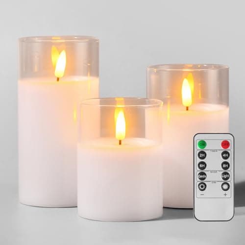 Tyawon Glass Battery Operated LED Flameless Candles with Remote and Timer Real Wax Candles Warm Color Flickering Light for Festival Wedding Home Party DecorPack of 3White