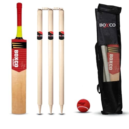 Boxco Velocity Full Size Wooden Cricket Kit - Includes Full Size Capsule Cricket Bat, 3 Wickets, Heavy Tennis Cricket Ball, 2 Bails & Carry Bag