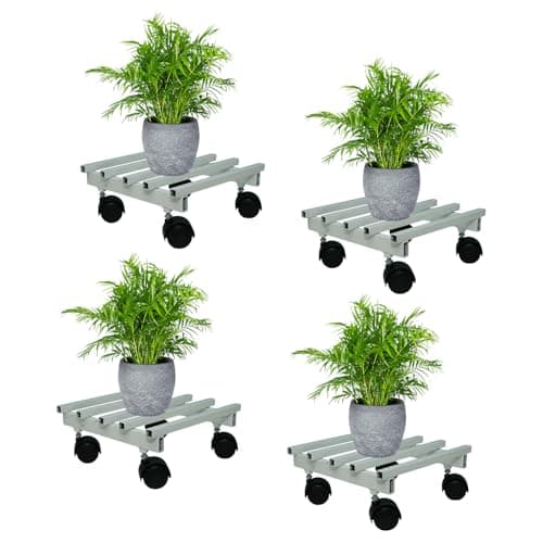 BonKaso Square Metal Plant Stand (Set of 4) with Wheels for Indoor & Outdoor Use (22.9x22.9x10.2 cm) | Heavy Duty Flower Pot Holder | Holds Up to 100kg | Corner Plant Rack for Heavy Plants - White