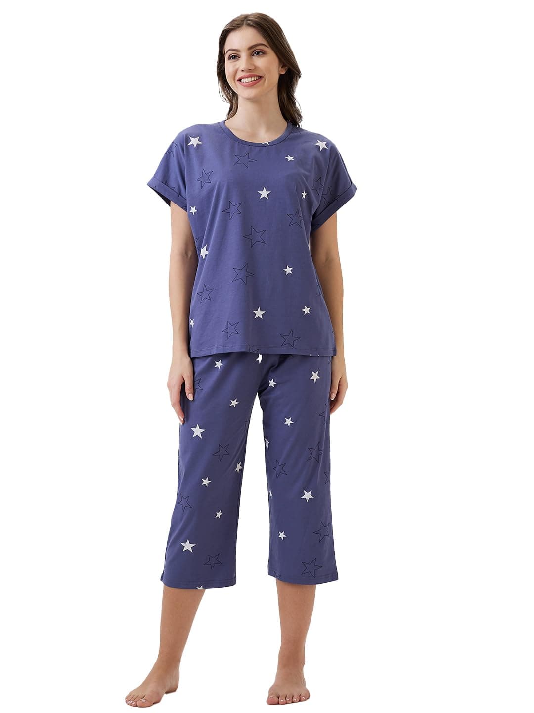 AV2 Women's Cotton Printed Round Neck Short Sleeve Night Suit Set | Capri Set | Casual Night Dress for Women Blue X-Large 2911