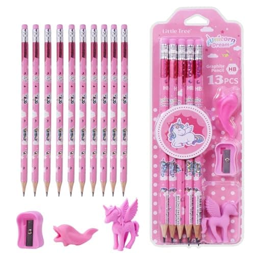 Toyshine 13 Pc Unicorn Theme Stationary Set Includes Pencils with Erasers on Top | Sharpener & Unicorn Shape Eraser Best Birthday return Gifts Party Favor for kids - Pink