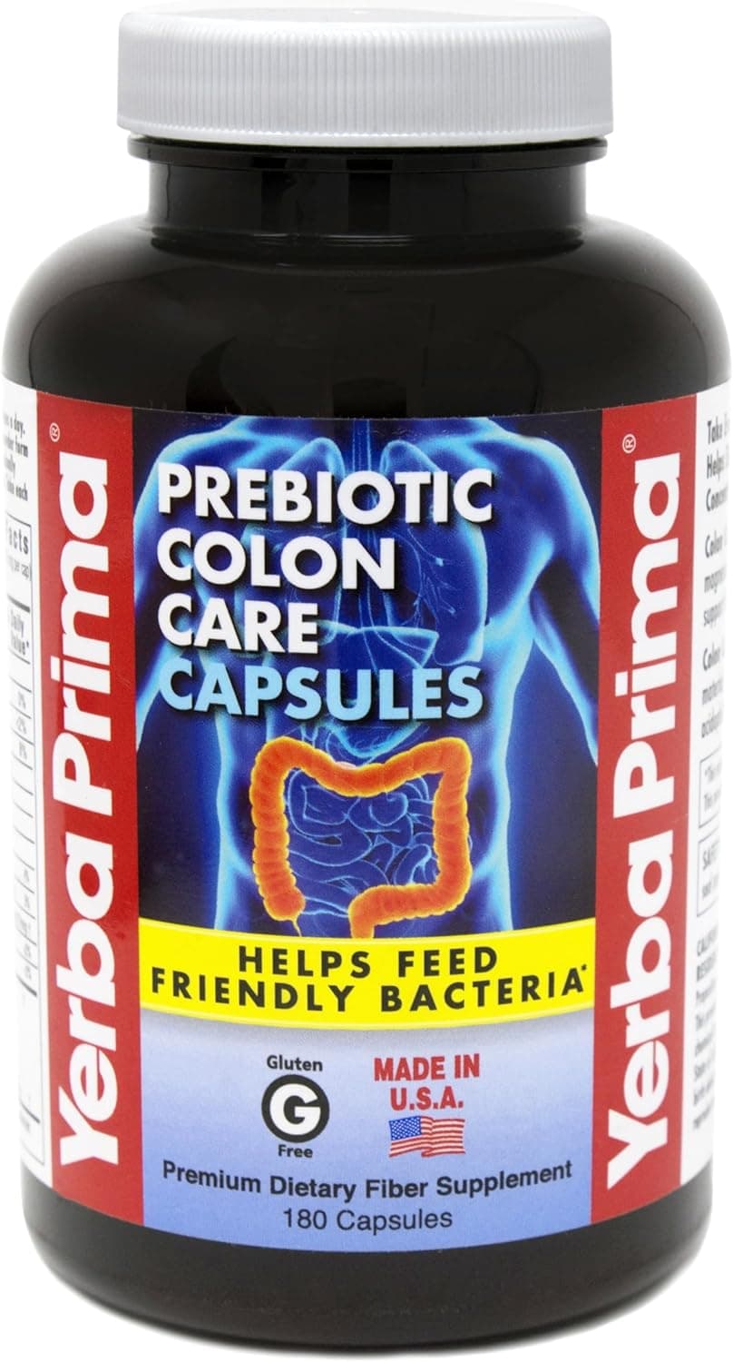 Yerba Prima Prebiotics Colon Care Fiber Caps 180 Capsules Five Forms of Fiber Plus FOS Prebiotics Dietary Health Supplement Healthy Soluble Insoluble Fibers for Regularity