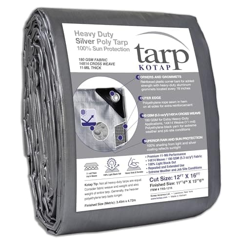 Kotap 12 x 16 Ft. Heavy-Duty Protection/Coverage Tarp, Superior Weave for Greater Longevity, 10-mil Multi-Use, Waterproof, TRS-1216, Silver (1-Pack)
