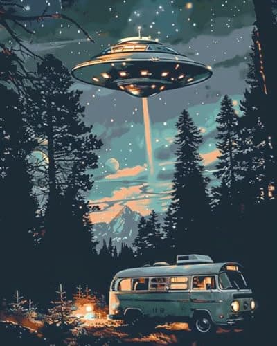 Tucocoo Starry UFO DIY Paint by Numbers for Adults Bus in Forest DIY Oil Painting Acrylic Paint Art Moon Stars Painting Kits Canvas with Acrylic Paint UFO Fantasy Decor 16x20 Inch (Without Frame )