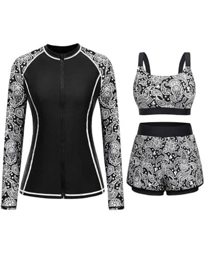Black Paisley 3 Piece Rash Guard for Women - Long Sleeve Swimsuits with Shorts SPF Zip up Swim Shirt with Built in Bra L