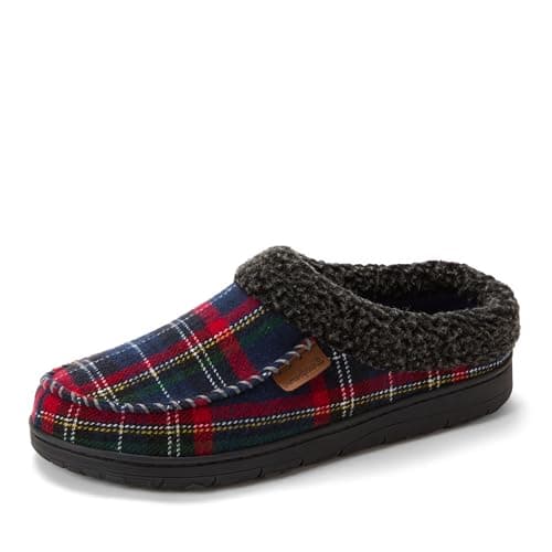Dearfoams Men's Brendan Microsuede Moc Toe Clog with Whipstitch, Blue Plaid, 11-12