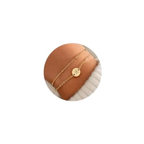 MONOZO Initial Bracelets for Women Jewelry Gifts - 18K-Gold-Plated Layered Letter Initial Bracelet Dainty Disc Letter K Initial Bracelets for Women Trendy Jewelry Gifts