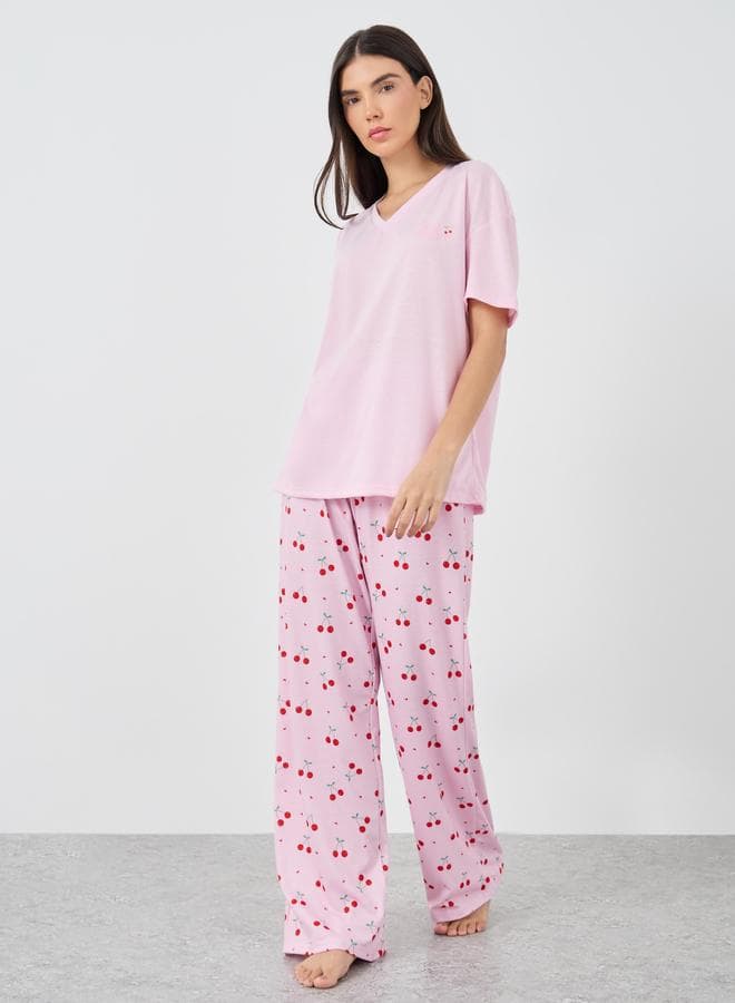 Cherry Print V-Neck T-Shirt and Printed Pyjama Set