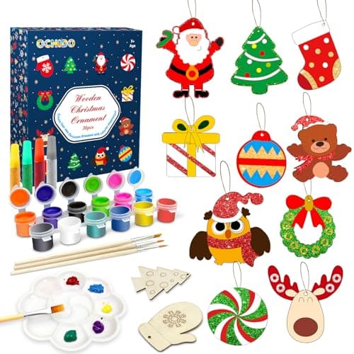 OCHIDO 36 Pcs Wooden Christmas Ornaments for Hanging Decorations12 Styles Unfinished Wooden Slices with Holes for Paintable CraftsKid DIY Craft Gift Toys with Paint Set for Girls and Boys Ages 512
