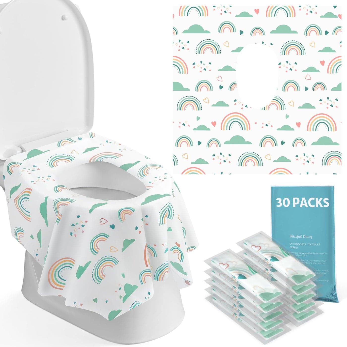 Blissful Diary 30 Pcs Toilet Seat Covers Disposable for Toddlers Adults Extra Large Waterproof Portable Package for Travel Kids Potty Training