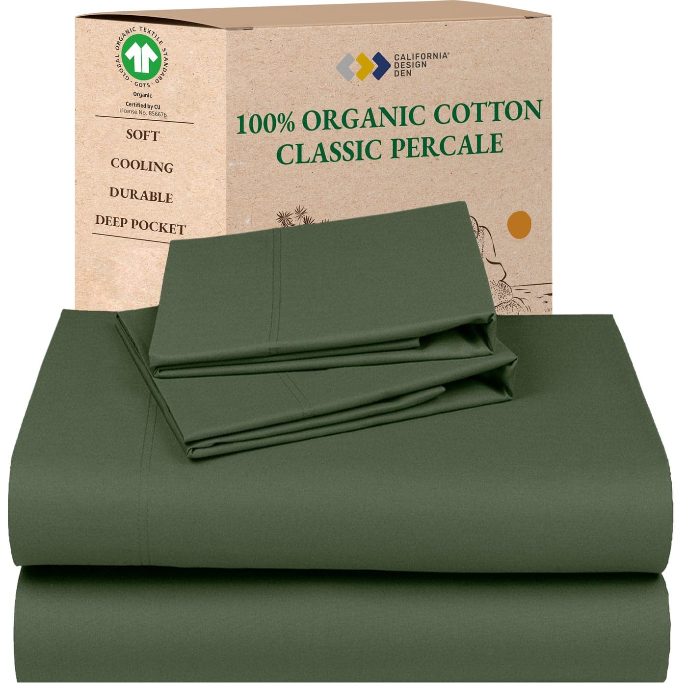 California Design Den Queen Sheets Set Soft 100 Organic Sheets with Deep Pockets Crisp Percale Breathable and Durable Bedding Set Olive Green