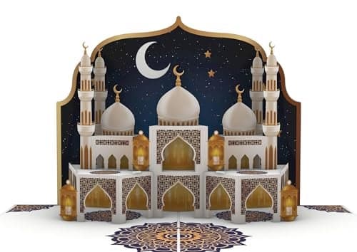 iGifts And Cards Golden Crescent Ramadan 3D Pop Up Card – 6"x8" Greeting with Matching Notecard & Envelope, Celebrate Ramadan Kareem, Eid al-Fitr, & Islamic Festivities with a Stunning Mosque Design