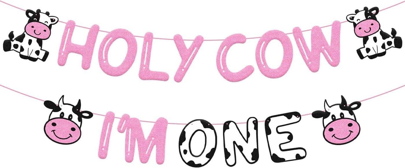 Festiko®Holy Cow I’m One Party Banner, Cow Theme First Birthday Decoration, Glitter Pink, One Year Old Holy Cow Party Banner for Kids Boy Girl 1st Birthday Party Supplies