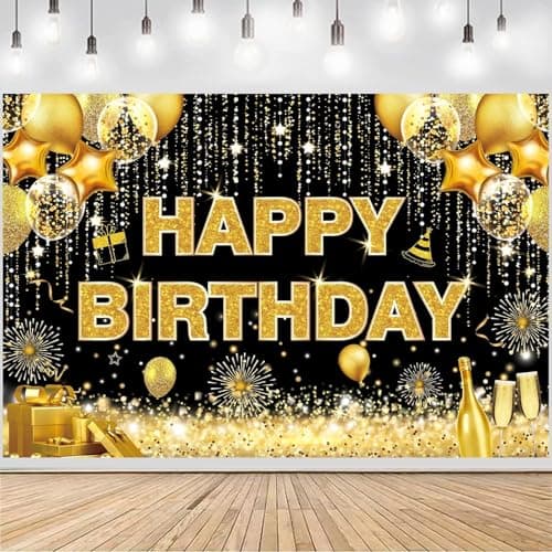 DARSHANAM WORLD Birthday Decoration Backdrop Cloth Curtain (Pack of 1, Size: 5x8 Feet) Background Enhancer Poster,Happy Birthday Sign Theme-(Polyester) (Gold & Black)