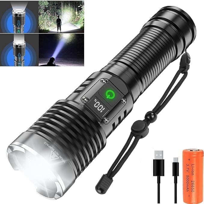 Whixant 100000 High Lumens LED Torch with Power Display Super Bright Rechargeable Flashlight Fast Charging Flashlight with 5 Modes IPX6 Waterproof Durable Torches for Camping Hiking Emergency