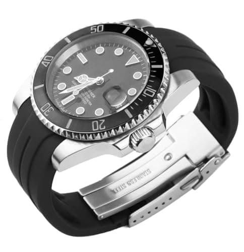 21mm Curved End Rubber Watch Band for Rolex Omega Citizen Two Way Adjustment Watch Strap fit Small Medium Large Wrist Men Women Waterproof Replacement Universal Watchand Bracelet Wristband Black