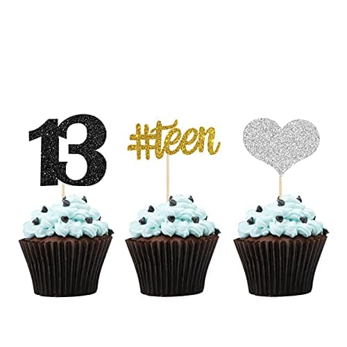 Festiko®24 pcs Teen 13th Cupcake Toppers, 13th Birthday Anniversary Party, Thirteen Years Old Happy Birthday Cupcake Picks (Gold, Black, Silver)