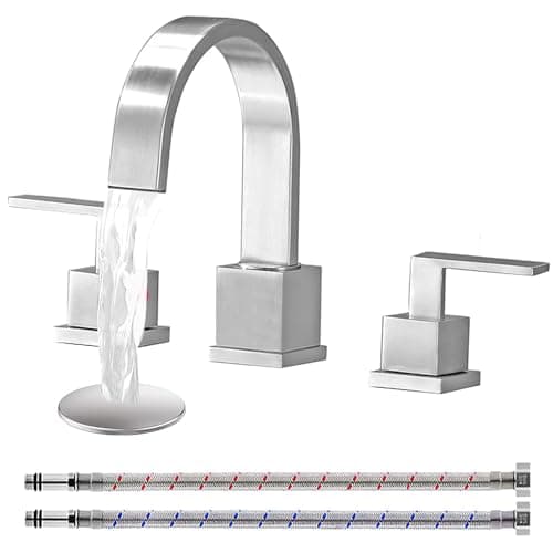 KINGO HOME 3 Hole Widespread Brushed Nickel Bathroom Faucet,Modern Waterfall 8 inch 2 Handle Bathroom Sink Faucet Vanity Bathroom Faucet for Sink 3 Hole with Pop Up Drain and Water Supply Lines