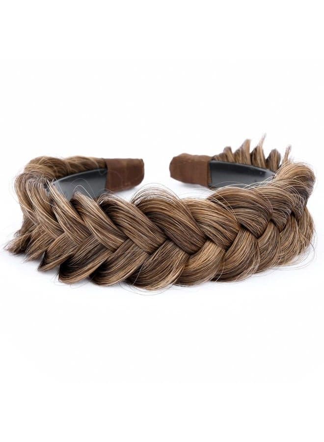 Wide Chunky Plaited Braided Headband Hair Band Synthetic Braid Hairpieces with Teeth Piano Two Tone Colors Accessories for Women Girl (W-Claybank)