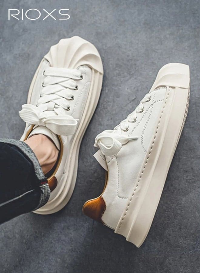 Men's Fashion Sneakers, Platform Retro Fashion Casual Sneaker for Men, Classic Lace-Up Low Top Sneaker, Men's Comfort Shoes, Lightweight Anti-slip Walking Shoes, Gum Thick Sole Tennis Skate Shoes, Athlesiure Shoes for Sports/ Travel/ Work/ Daily Wear, Mans Footwear White
