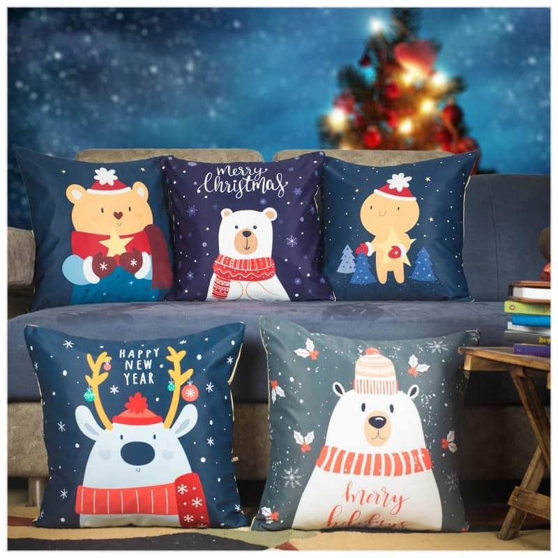Vendola Merry Christmas Decorative Printed Satin Cushion/Throw/Pillow Covers (Multicolour) Set of 5 Pieces (Christmas Bears,12 X 12 Inches)