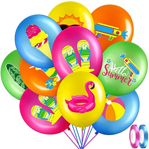 Threan 50 Pcs Summer Theme Party Balloons Pool Decorations Flamingo Tropical Leaf Beach Ball Theme Latex Balloons with Ribbons for Summer Beach Birthday Party Favor Supplies 12 Inches