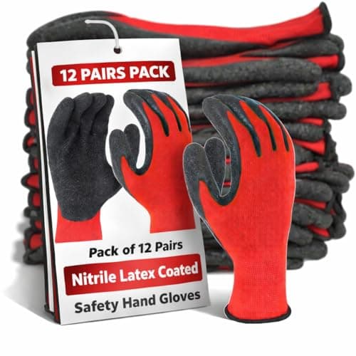 RK TRENDS Safety Gloves - Nylon Nitrile Coated Industrial & Home Cut Resistant Hand Gloves. (Black Red (Latex Coated), Pack of 12 Pairs)