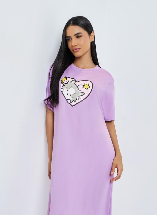 Purple Cat Heart Graphic Sleep T-Shirt Dress